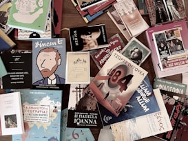 A collection of various books spread out on a wooden surface. The books have diverse cover designs, including illustrations and text in different languages. Prominent titles include 'Vincent,' '1984,' and 'Ioanna.' The covers feature a mix of artistic styles ranging from graphic and comic styles to classical depictions.