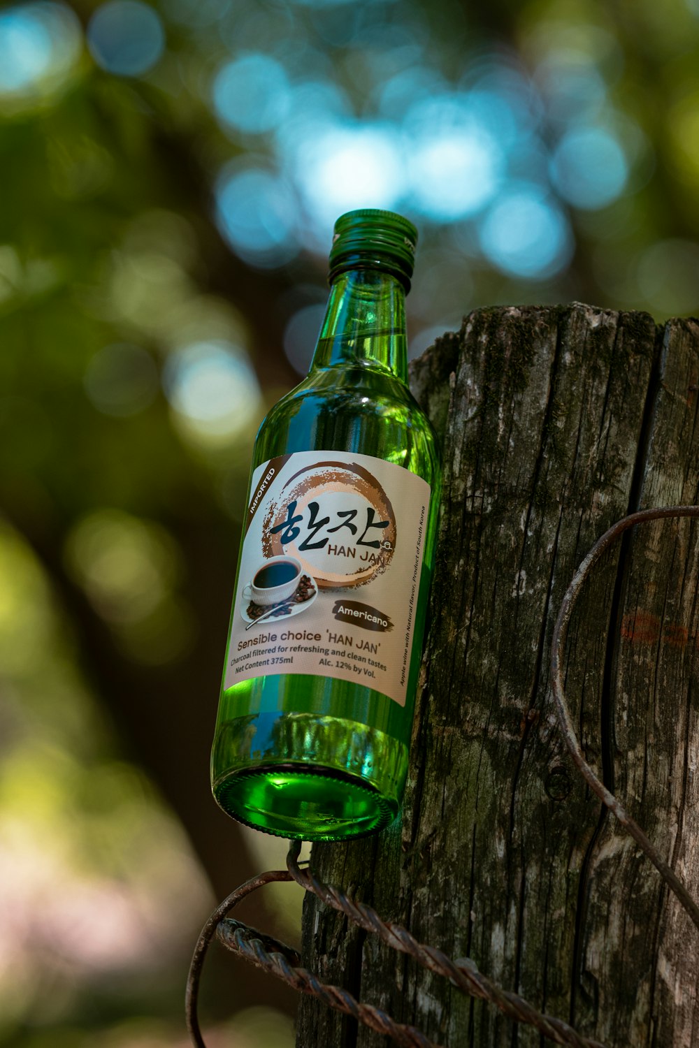 garrafa de vidro verde no tronco de madeira marrom