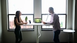 Two people engaging in conversation while standing across from each other at a desk in a well-lit office environment. A computer and a small potted plant are placed on the desk. The scene is set against large windows with an urban cityscape visible outside.