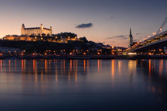 city skyline during night time