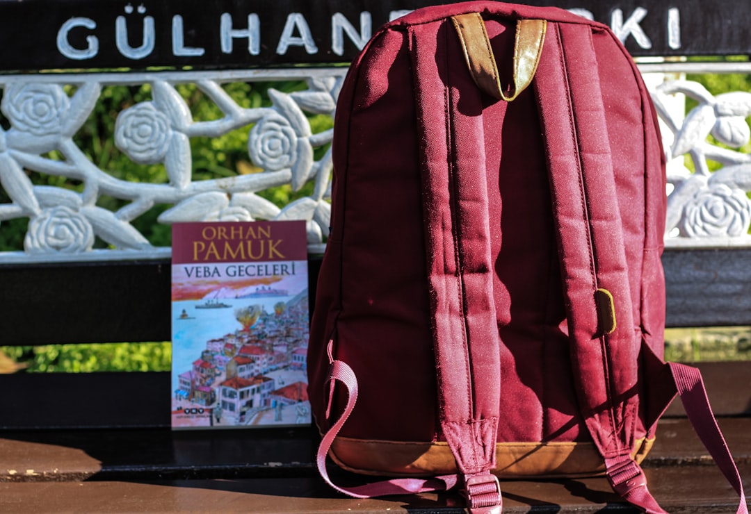 red and black backpack on brown wooden table