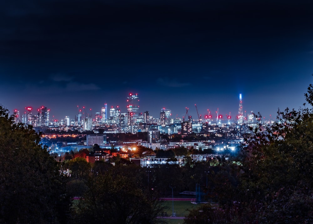 city lights turned on during night time