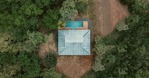 blue and white wooden house surrounded by green trees