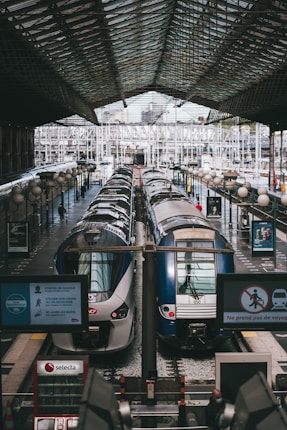 A train station with two trains parked on adjacent tracks under a large glass and steel canopy. The platform is bustling with people, and various signs and digital displays are visible along the side.