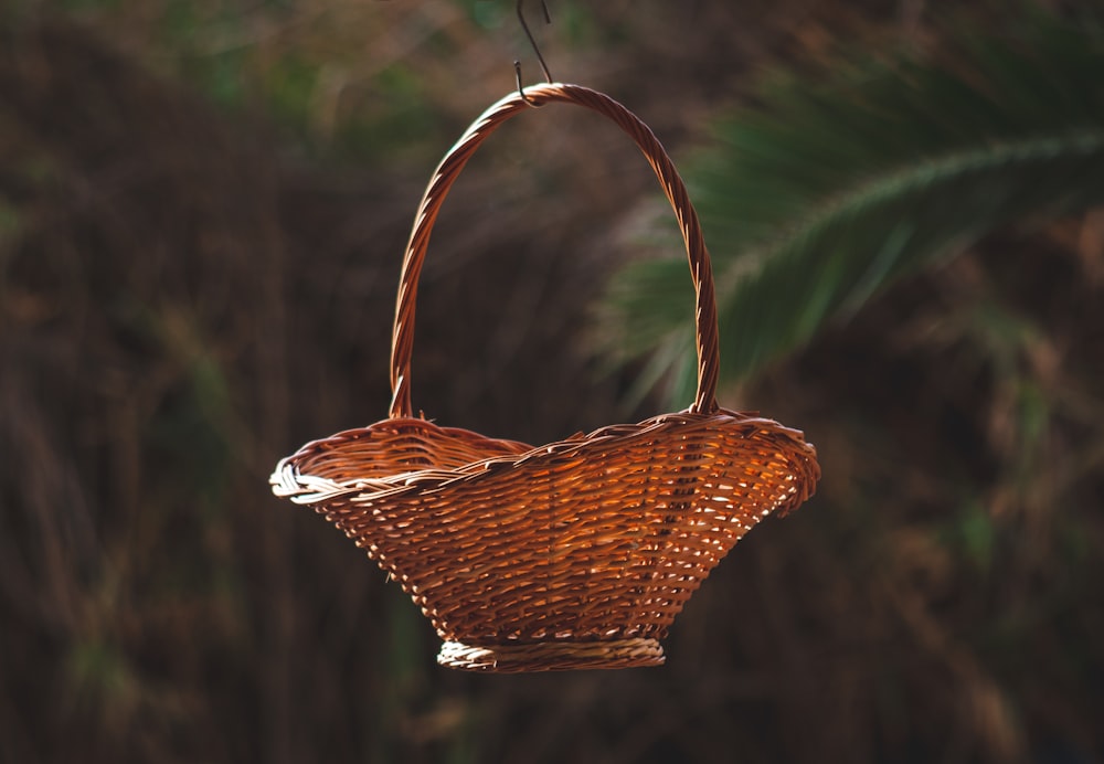 cesta tecida marrom em folhas verdes