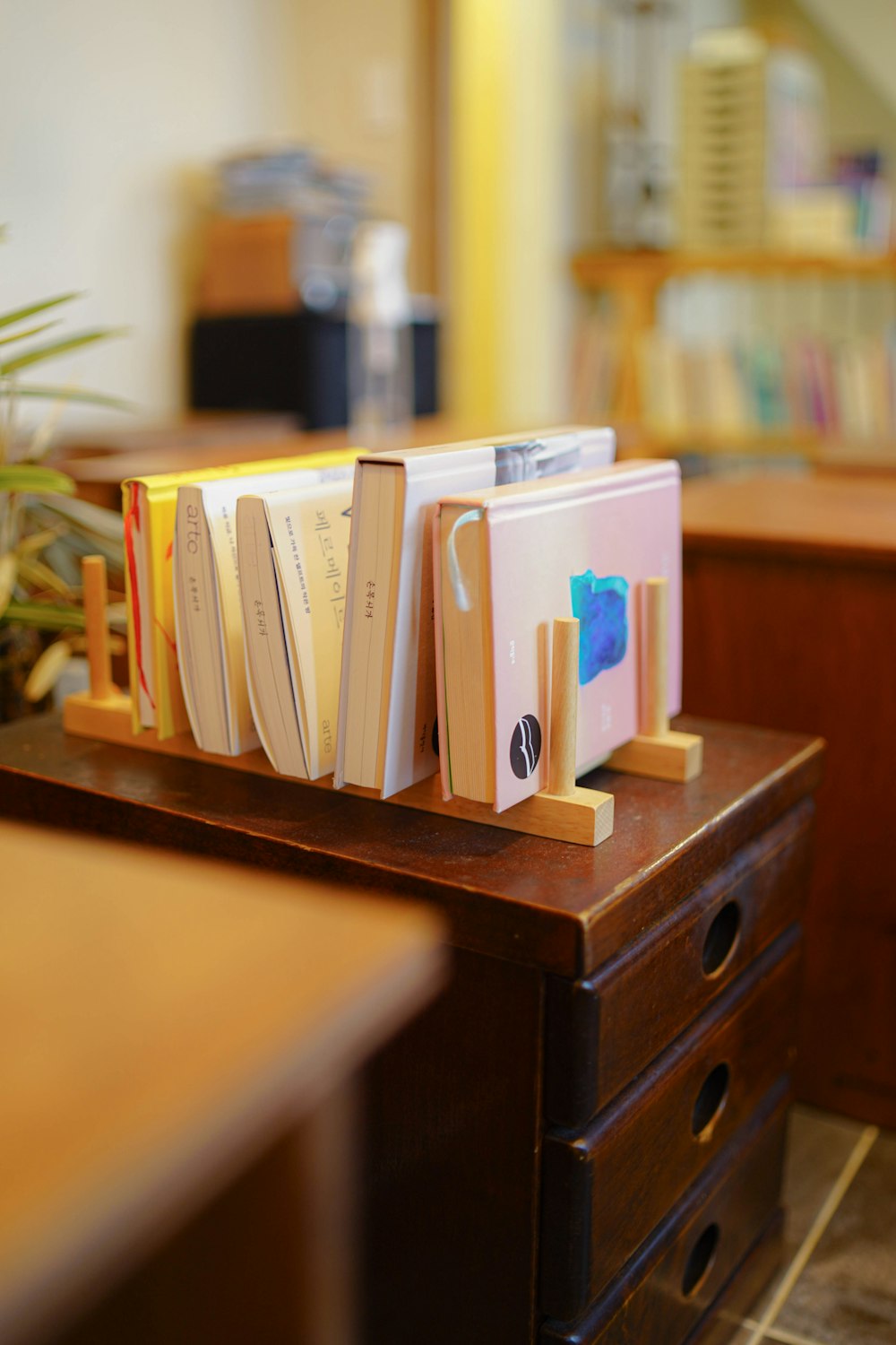 white books on brown wooden shelf