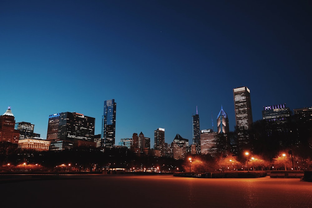 city skyline during night time