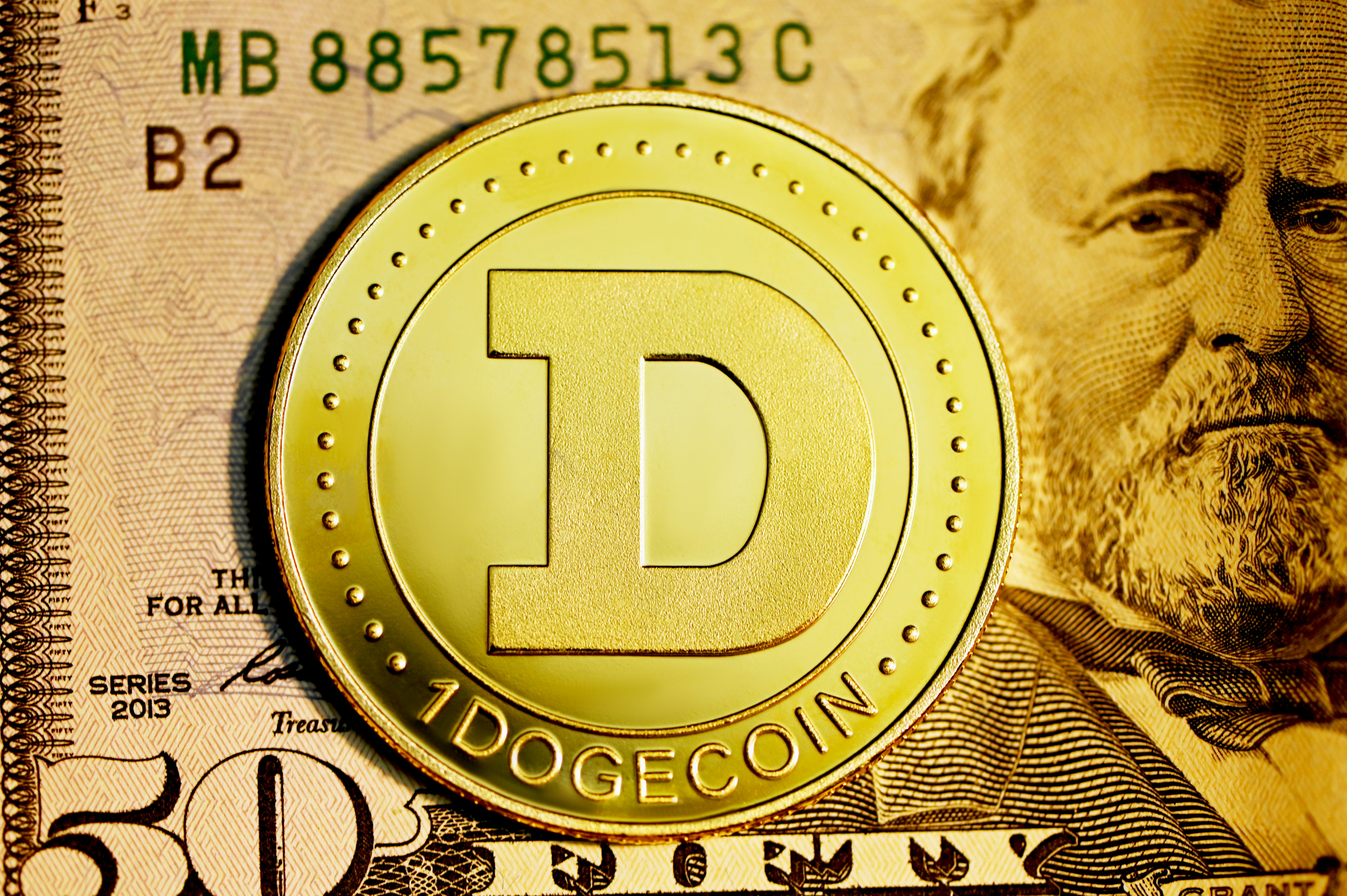 A single Dogecoin on top of a $50 bill