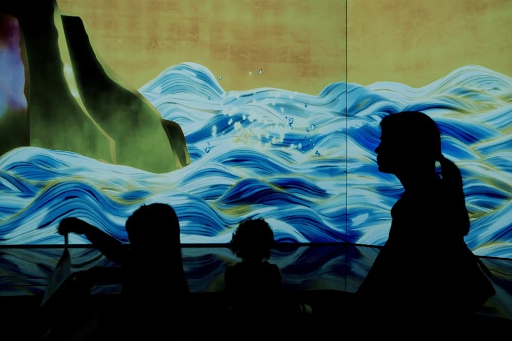 silhouette of people watching a white and blue ice