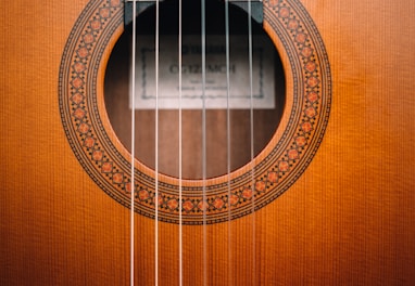 brown acoustic guitar on brown wooden surface