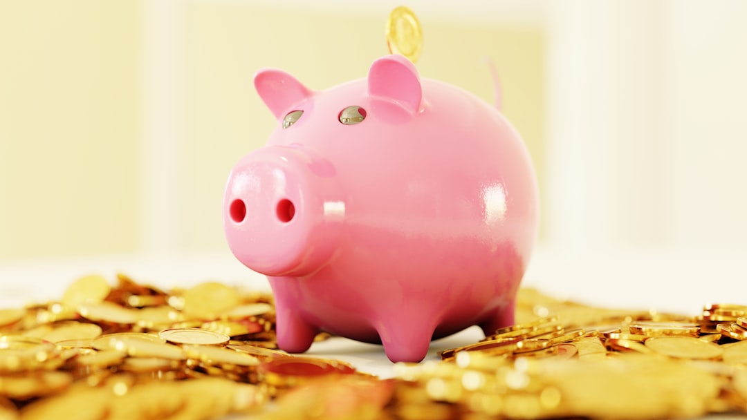 pink pig coin bank on brown wooden table, 3D visualization