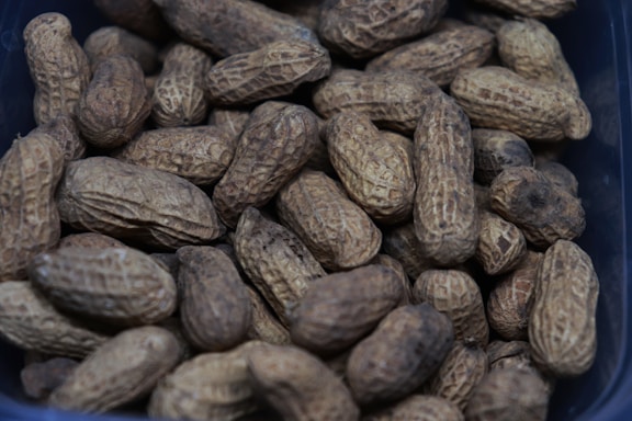 A pile of whole unshelled peanuts fills the frame, showcasing their rough and textured shells. The peanuts are packed closely together, with various shades of brown and some darker spots visible on the shells.