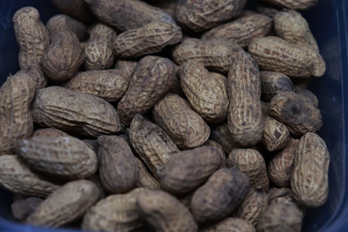 A pile of whole unshelled peanuts fills the frame, showcasing their rough and textured shells. The peanuts are packed closely together, with various shades of brown and some darker spots visible on the shells.