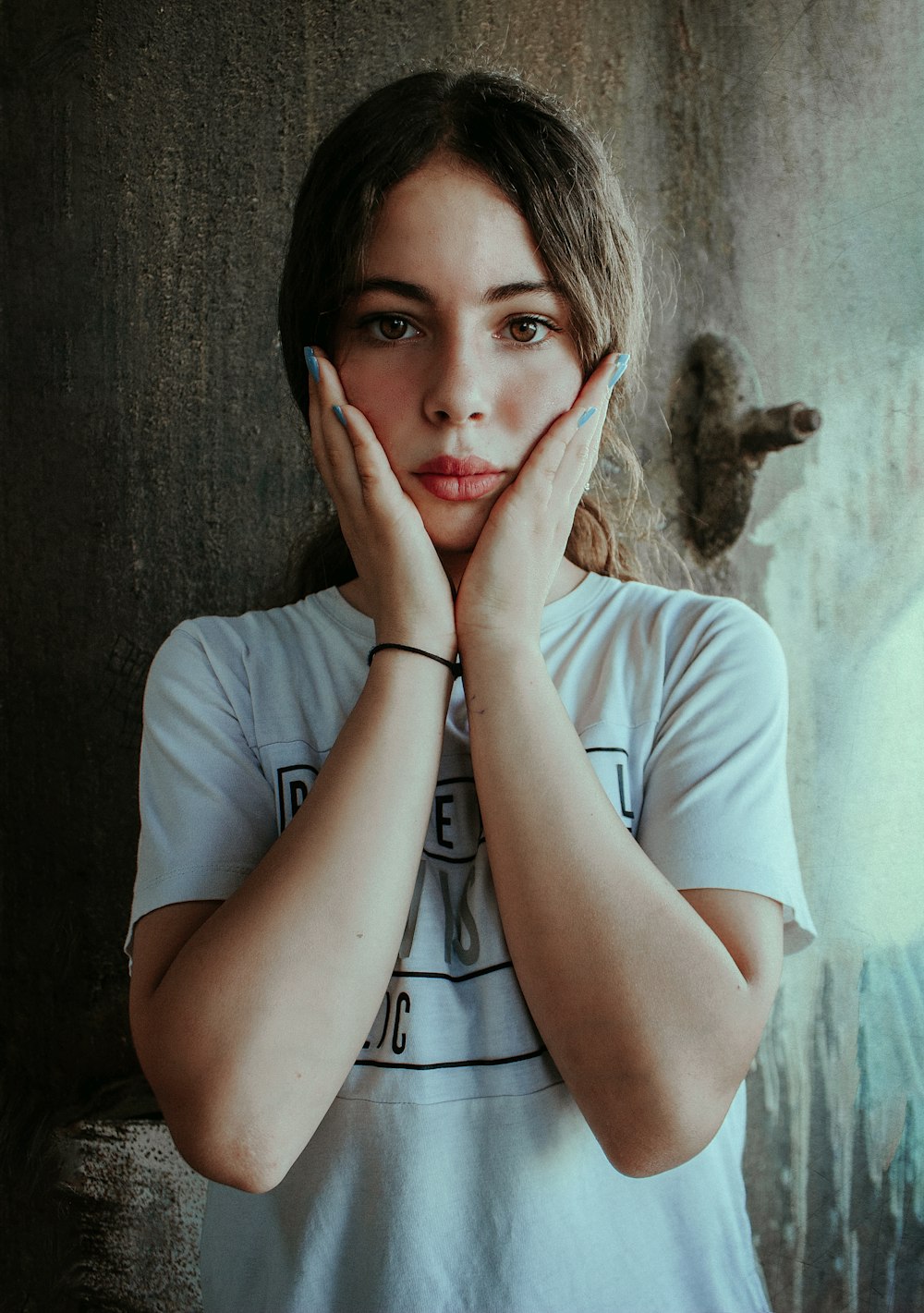 woman in white t-shirt