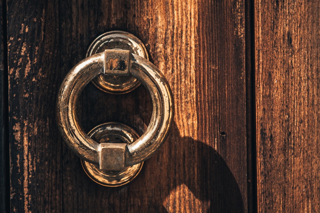 gold padlock on brown wooden door