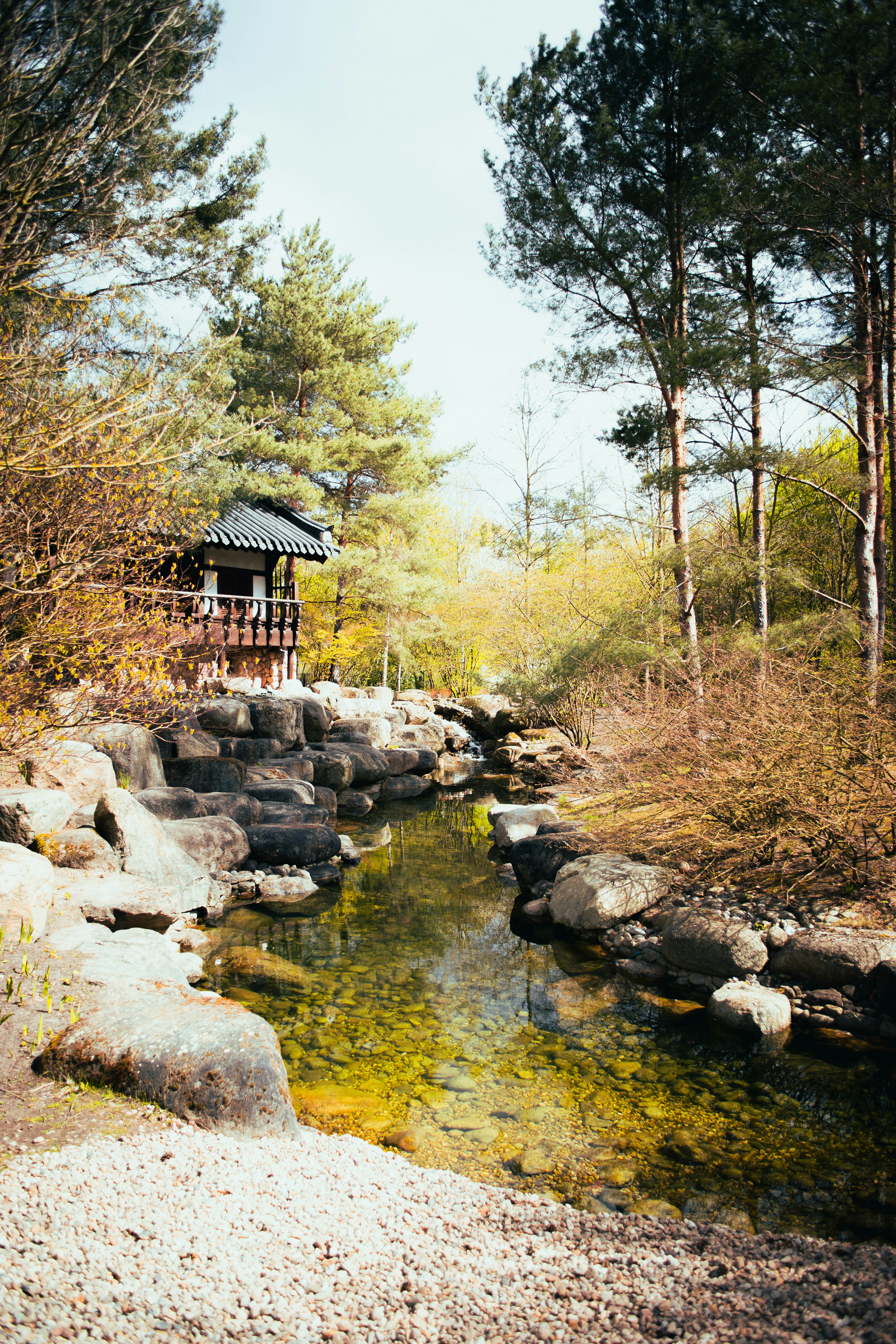 Braunes Holzhaus in der Nähe des Flusses tagsüber