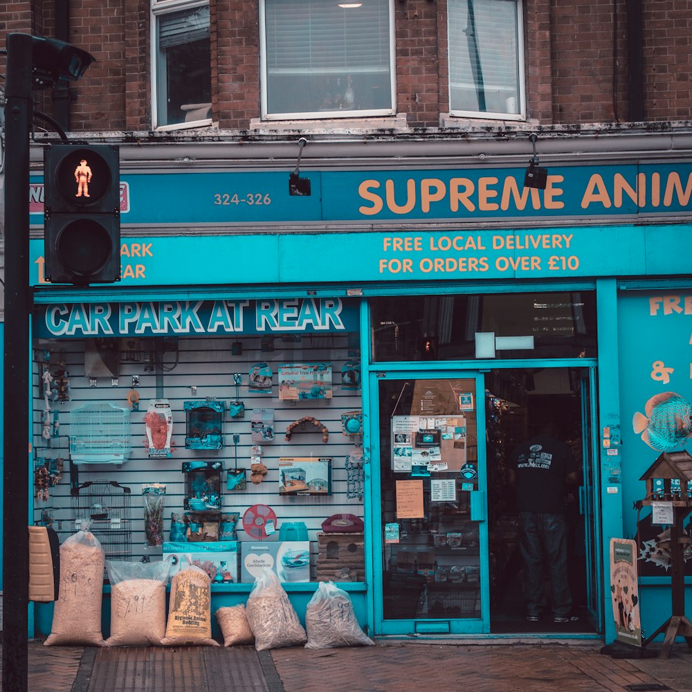 blue and white store front