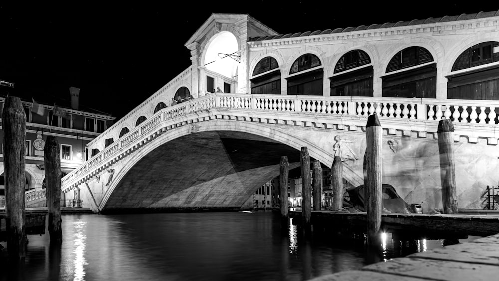 grayscale photo of bridge over river