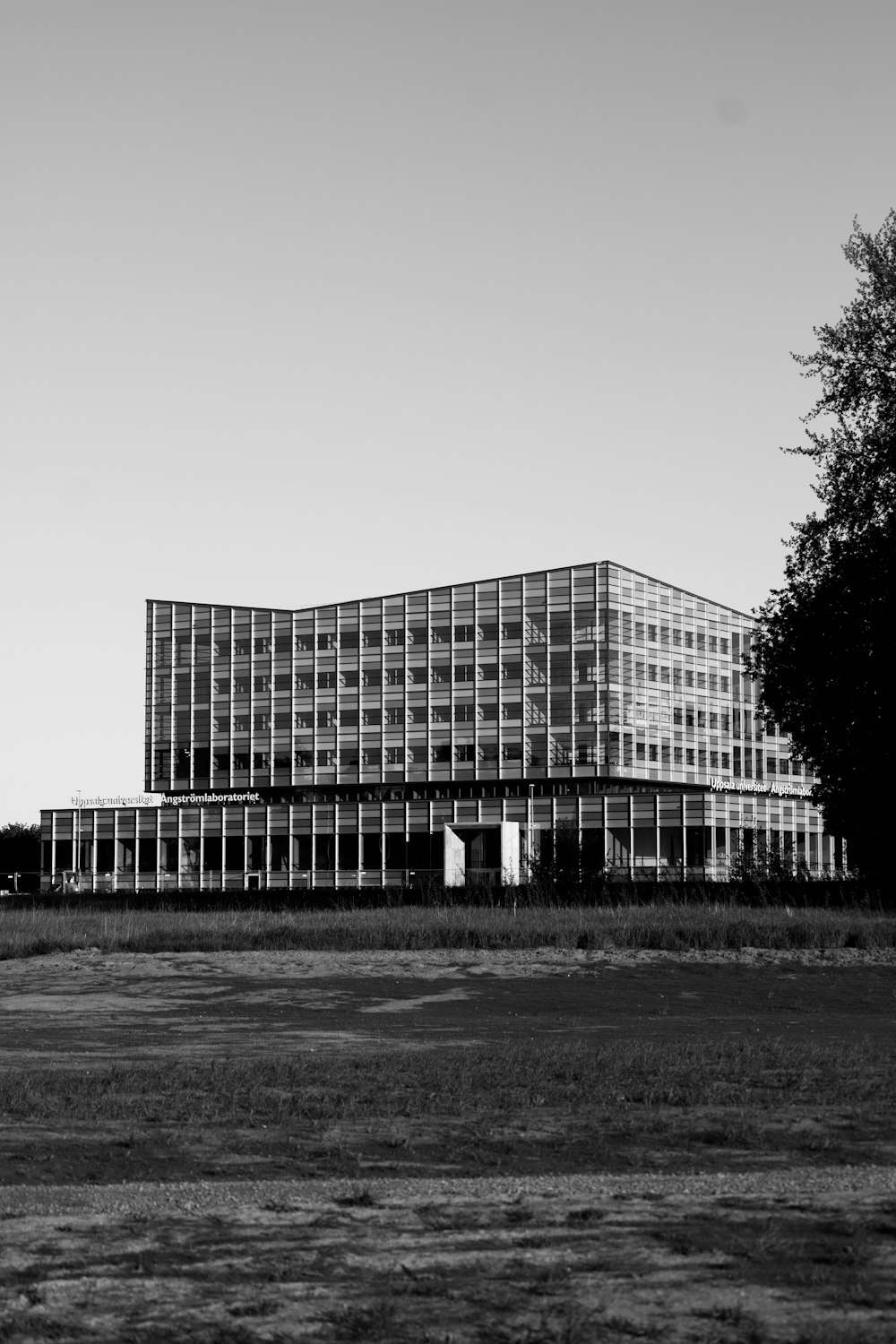 grayscale photo of building near trees