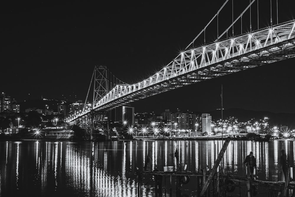 grayscale photo of bridge over water