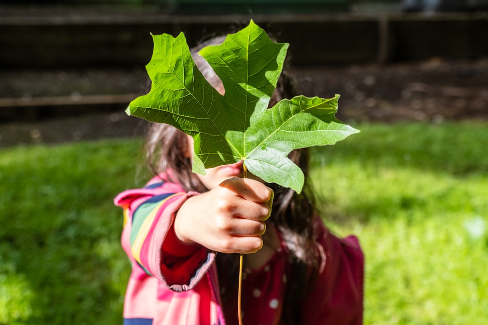 ragazza in giacca rosa che tiene la foglia d'acero verde