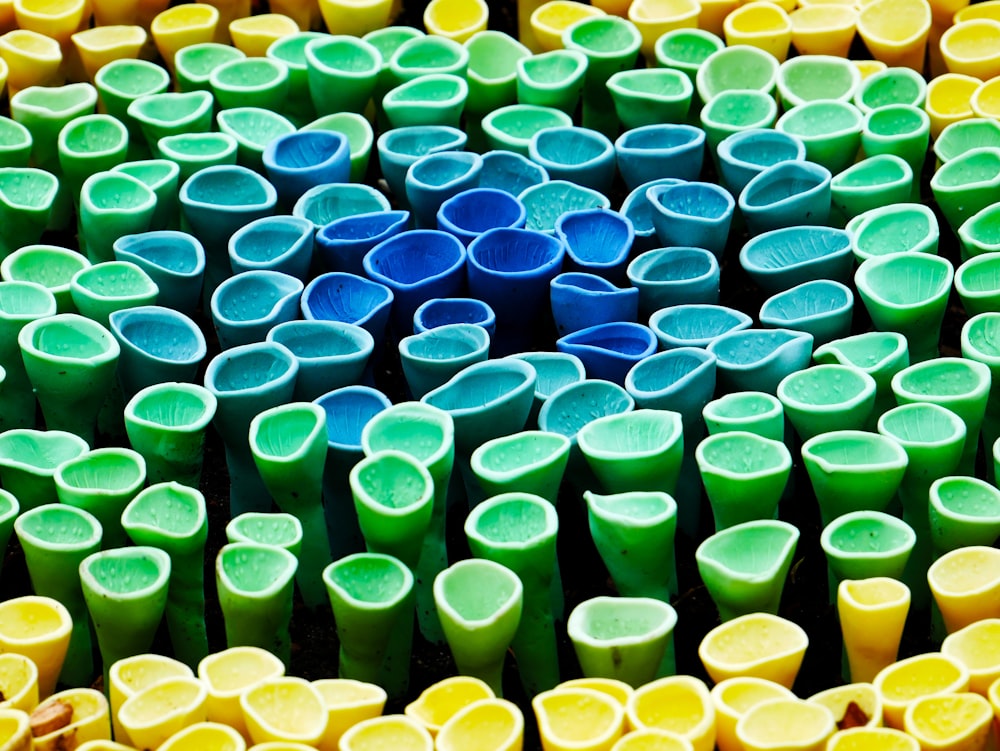 blue yellow green and red plastic cups