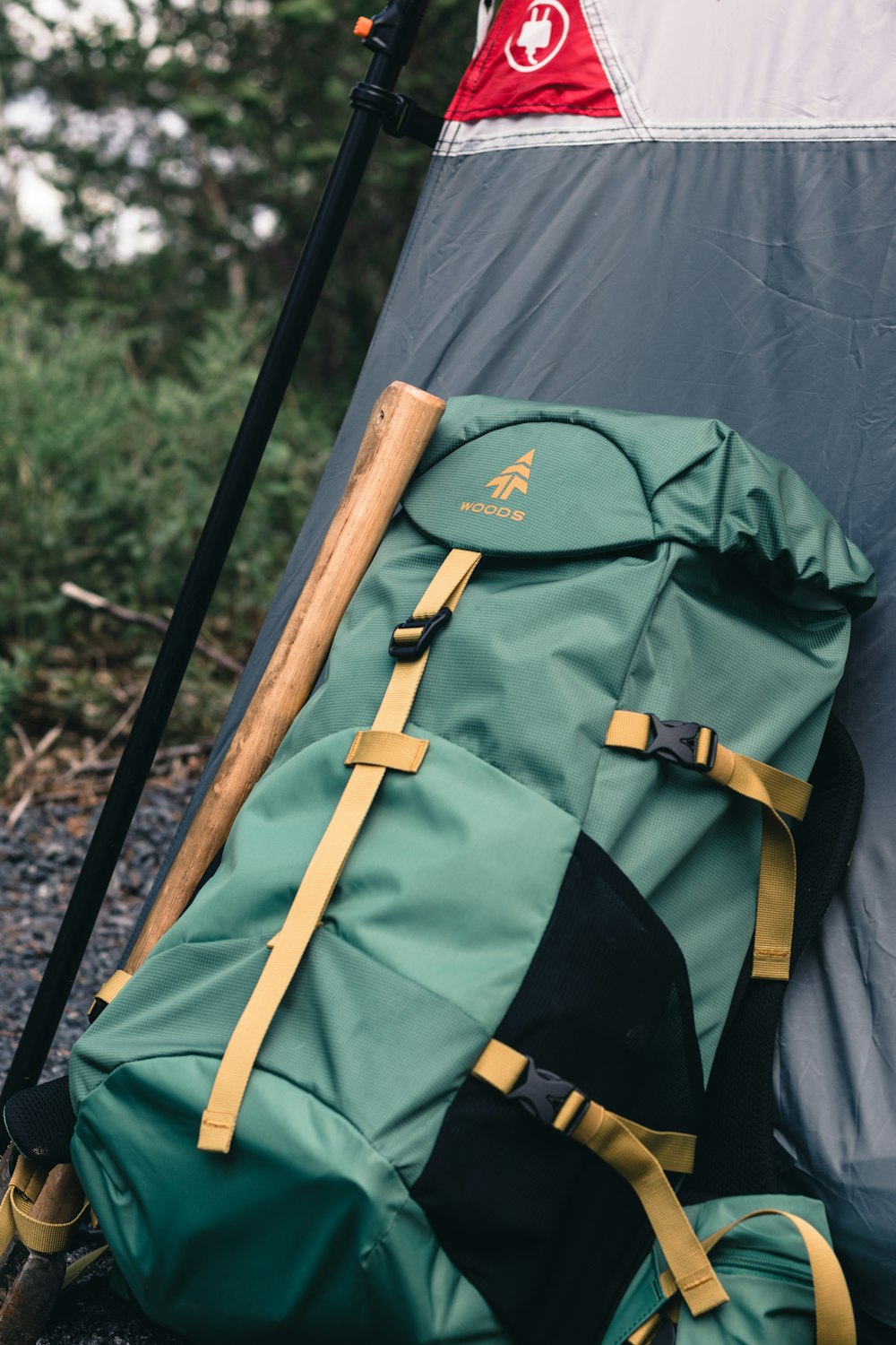 green and brown backpack on black textile