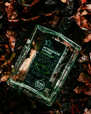 A bottle of musky forest fragrance resting on a bed of fallen leaves at dawn.