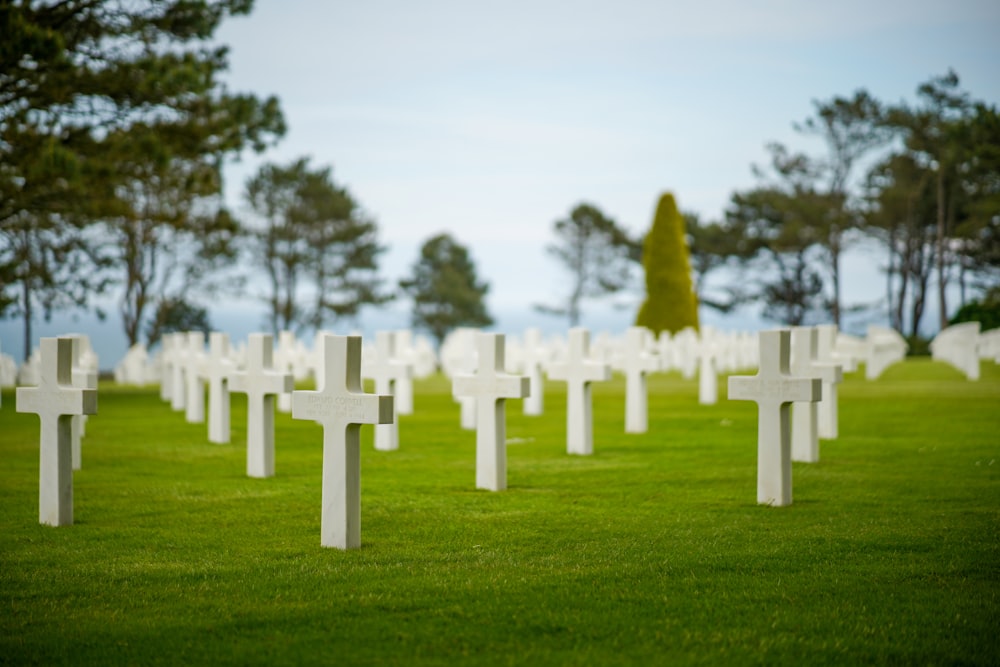 white cross on green grass field during daytime