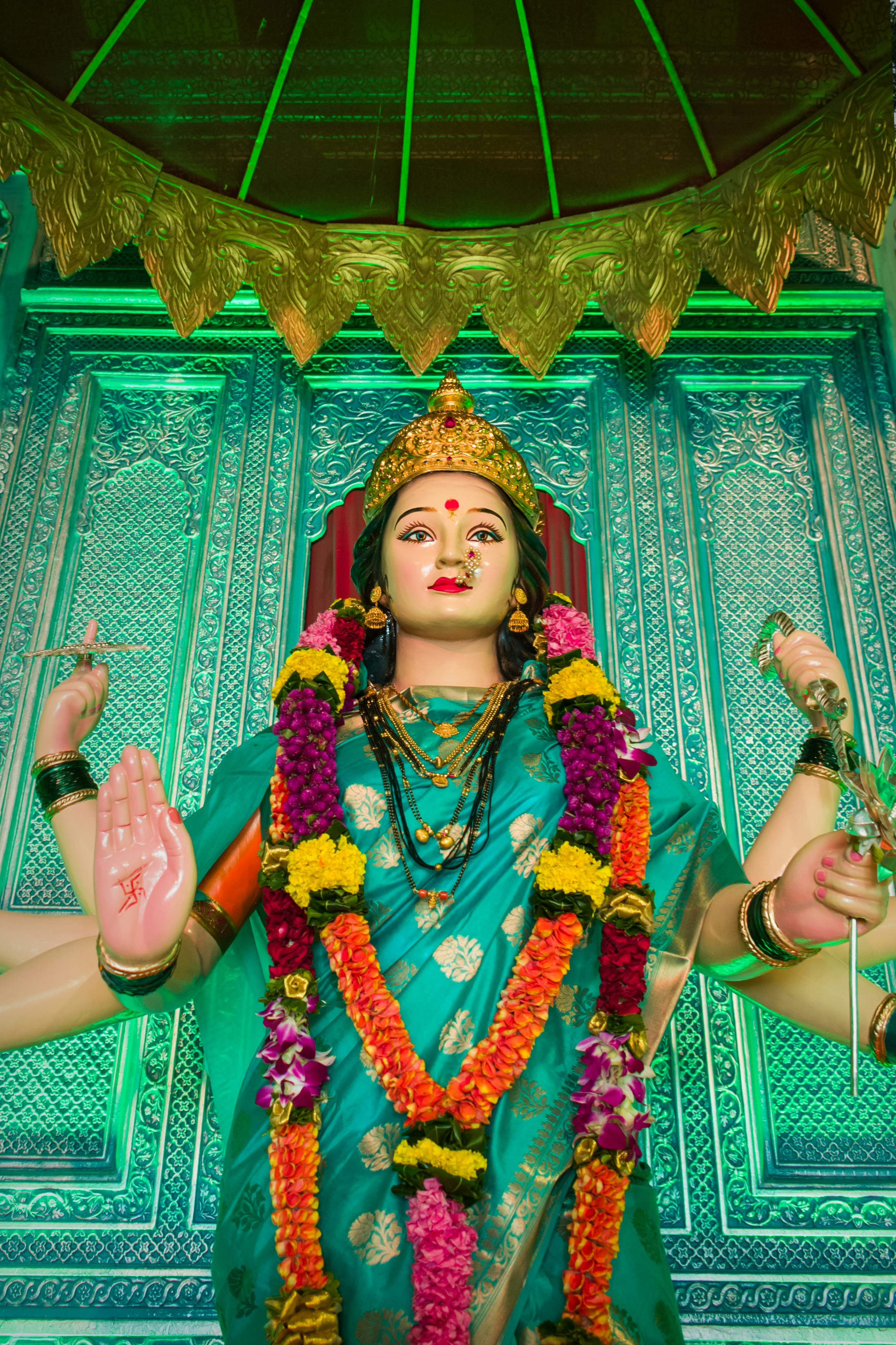 An idol of Maa Durga Devi at a temple in Mumbai, India during Navratri 2019