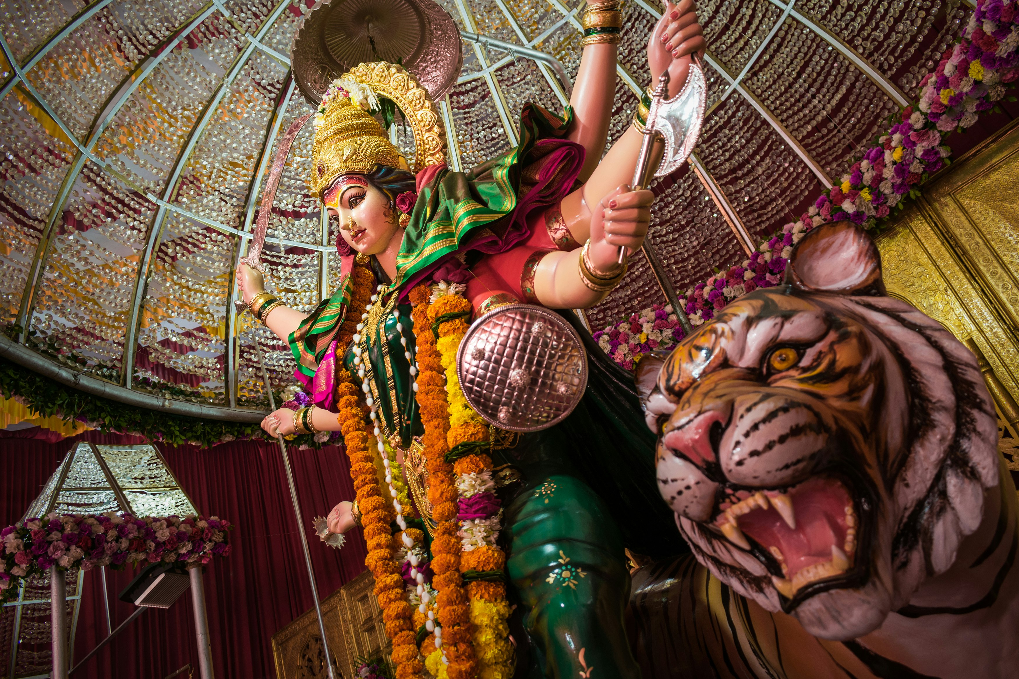 An idol of Maa Durga Devi at a temple in Mumbai, India during Navratri 2019