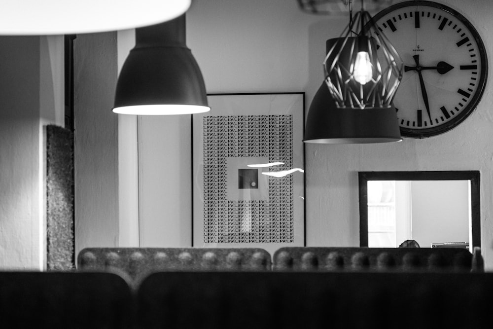 grayscale photo of pendant lamp