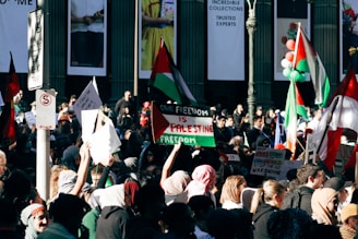 A large crowd of people gathered in a street holding Palestinian flags and placards advocating for freedom and peace. The scene is busy, with various banners and signs visible. People of diverse backgrounds are seen participating in what appears to be a protest or demonstration, with a strong focus on Palestinian solidarity.
