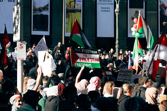 A large crowd of people gathered in a street holding Palestinian flags and placards advocating for freedom and peace. The scene is busy, with various banners and signs visible. People of diverse backgrounds are seen participating in what appears to be a protest or demonstration, with a strong focus on Palestinian solidarity.