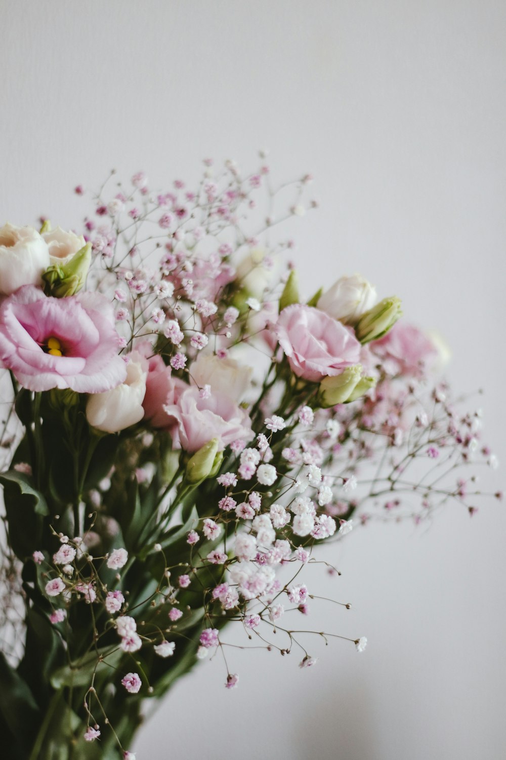 pink and white flowers on white table