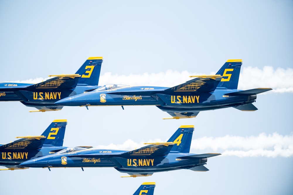 blue and yellow jet plane in mid air during daytime