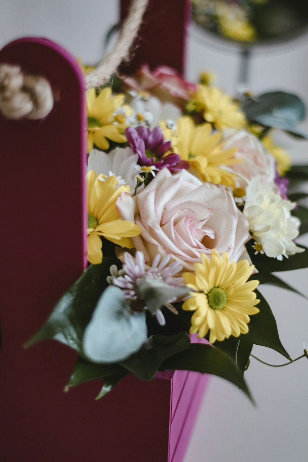 yellow pink and white flower bouquet