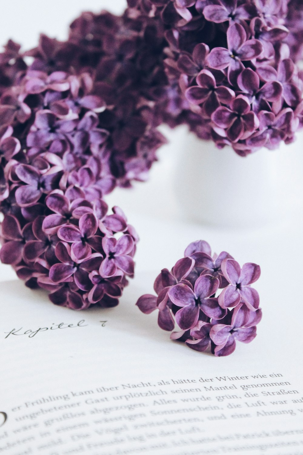purple flower bouquet on white ceramic vase