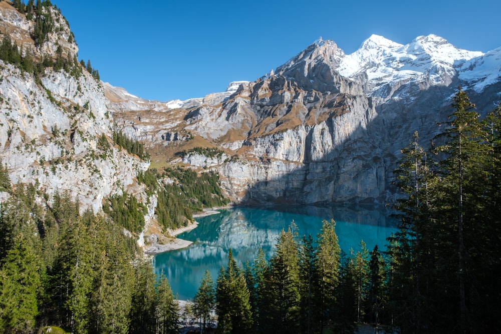 lago cercado por árvores e montanhas durante o dia