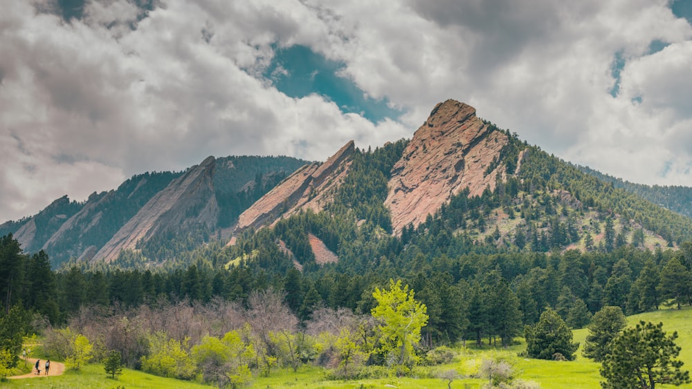 green trees near brown mountain under white clouds during daytime