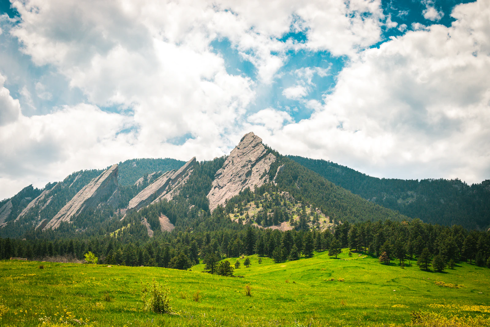 Green meadow below the Flatirons under summer clouds, Boulder, Colorado