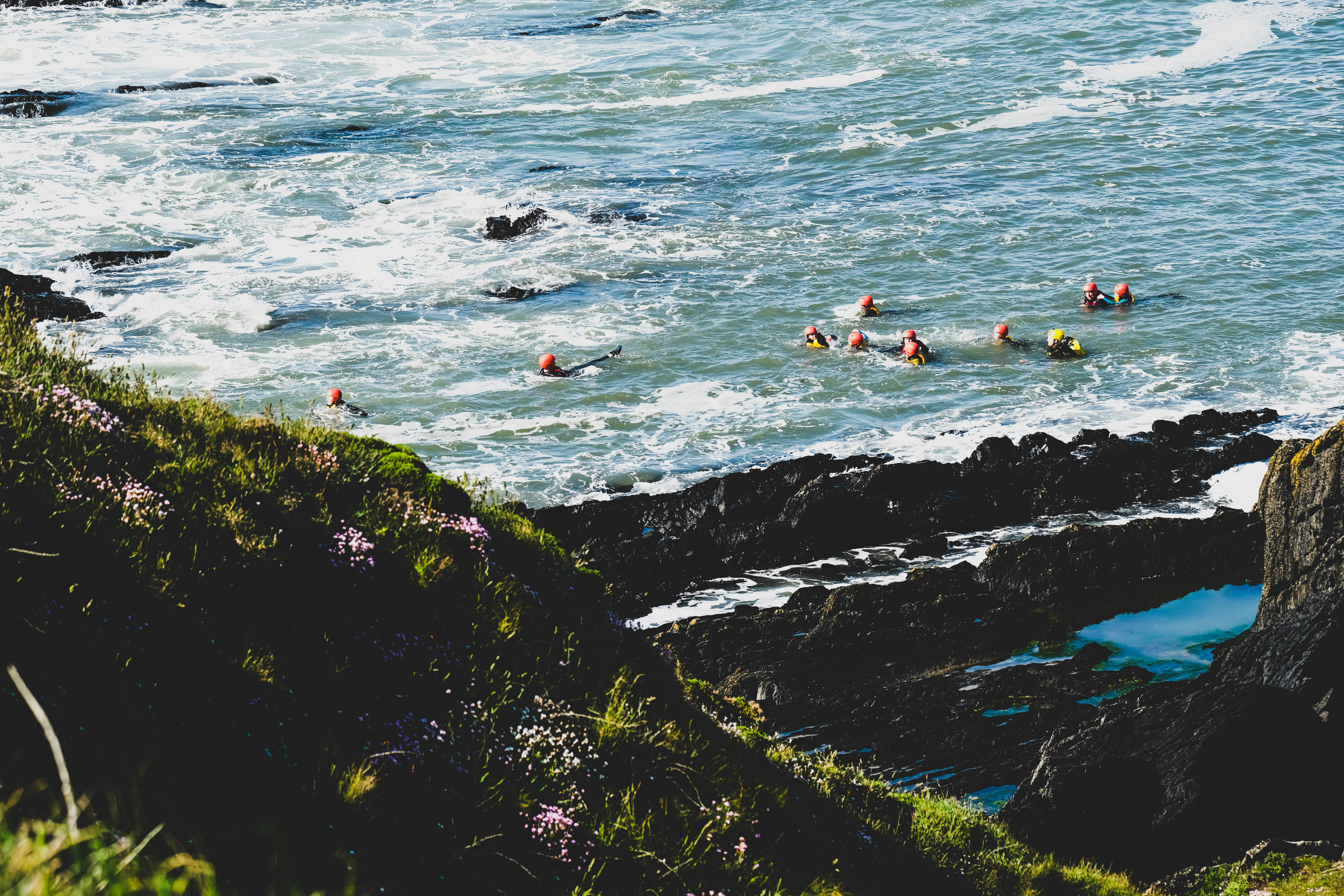 people swimming on sea during daytime