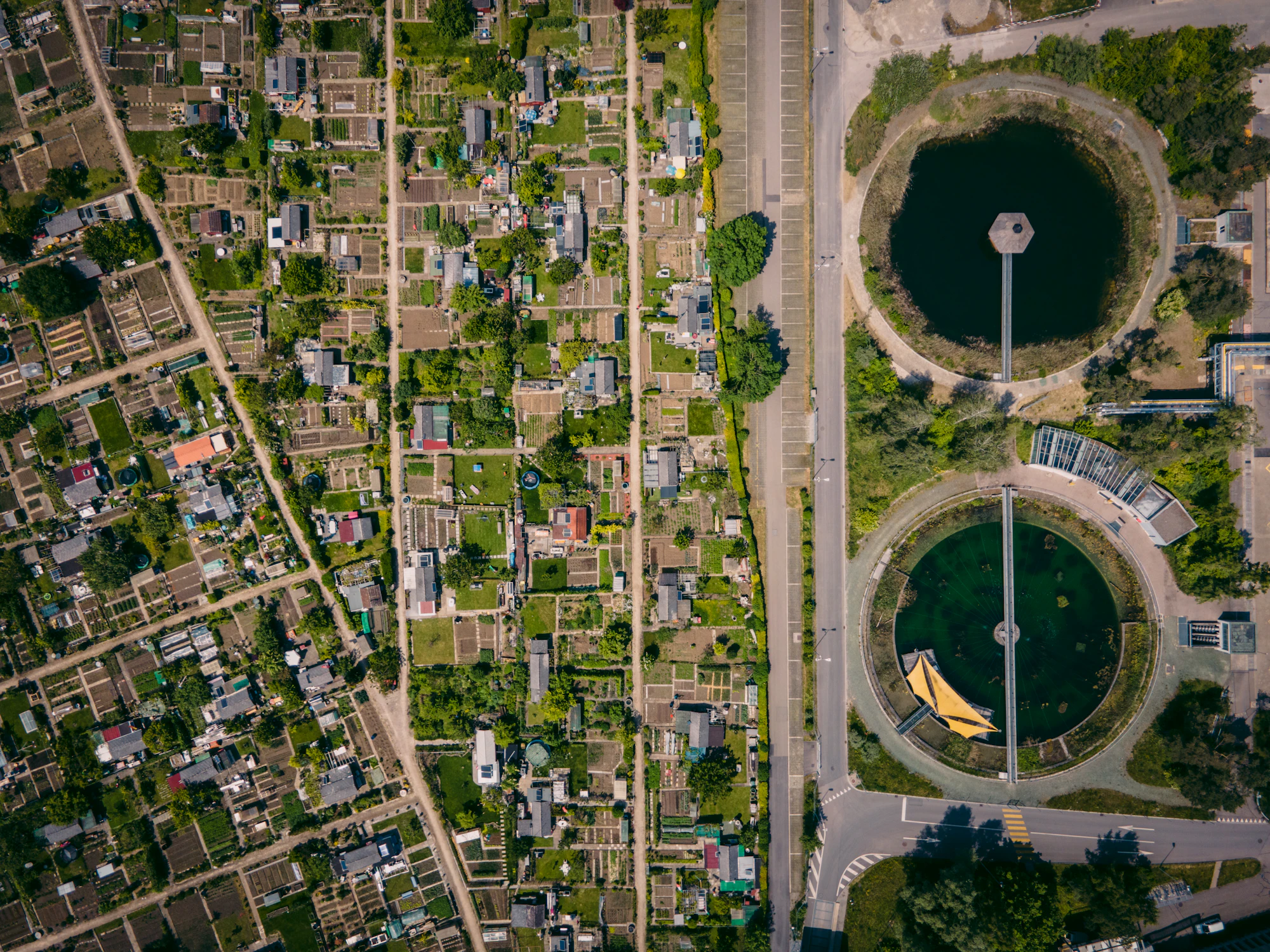 Aerial view over a water treatment facility