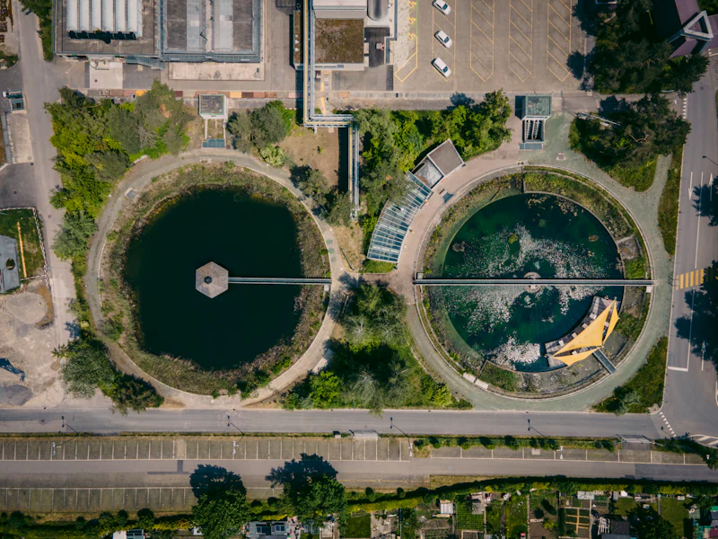 Aerial view of a modern sewage treatment facility