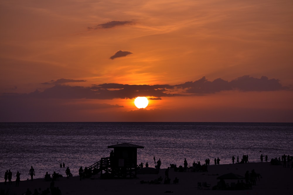 silhouette of people on beach during sunset