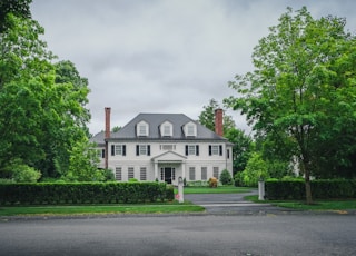 white and brown concrete house near green trees under white sky during daytime