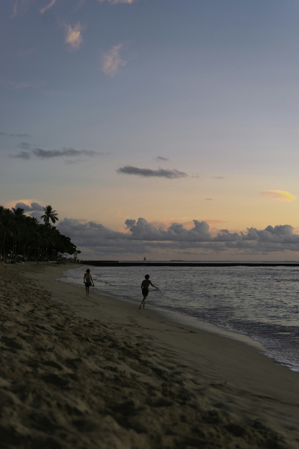 Menschen, die während des Sonnenuntergangs am Strand spazieren gehen