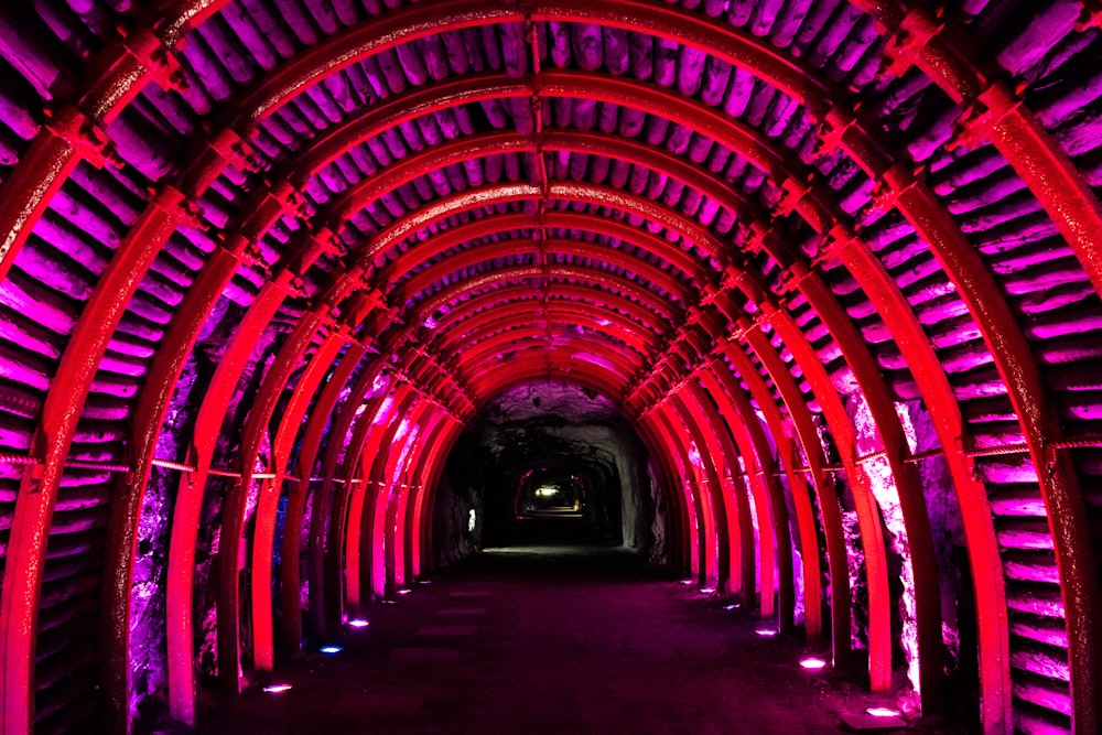 red tunnel with light during night time