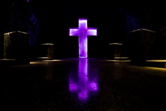 purple and pink cross with lights