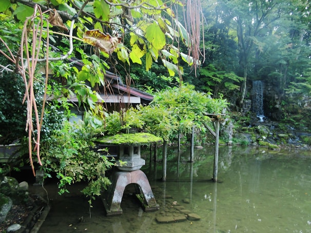 A serene view of a moss-covered stone lantern beside a quiet Kyoto temple garden pond.